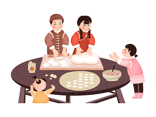 彩色手绘卡通新年春节一家人人物包饺子元素png素材