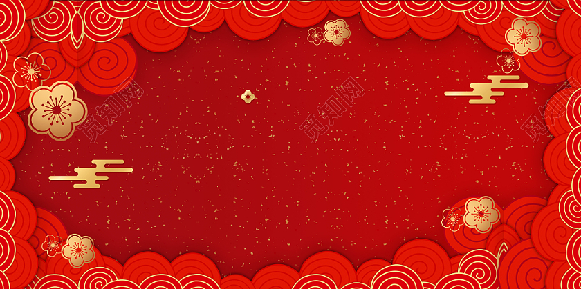 红色喜庆新年春节新春金色花新年花纹新年展板背景
