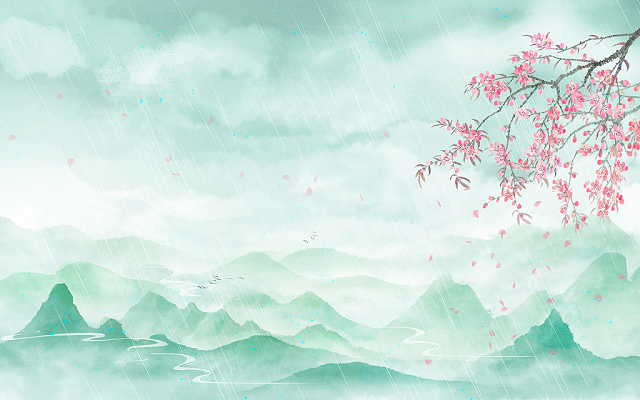 雨水春天桃花山水国画中国风古风水墨插画海报背景素材雨水春天春分