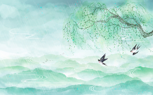雨水春天柳树燕子山水国画中国风古风水墨插画海报背景素材雨水春天