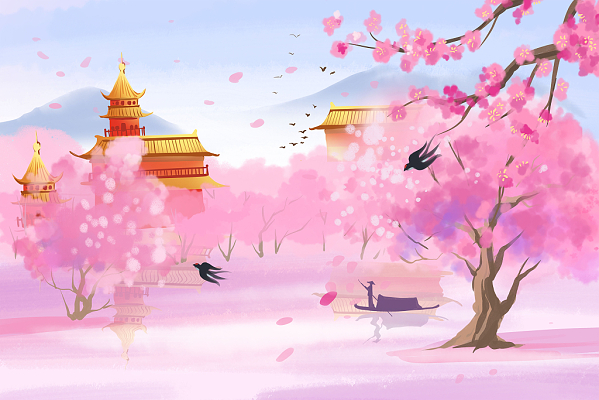 手绘水彩古风春季桃花建筑远景原创插画海报春天背景