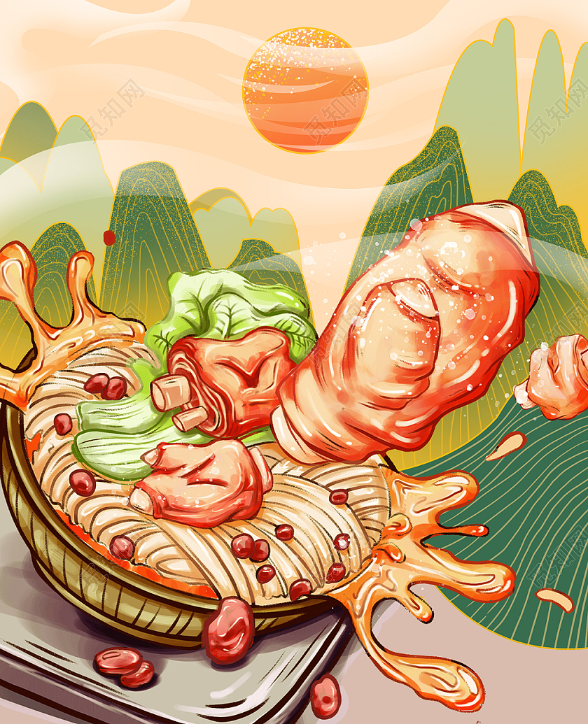 广西猪脚粉国潮插画风景png素材国潮美食