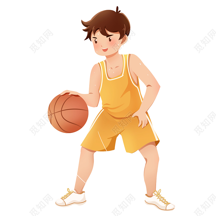 黄色手绘卡通男孩运动打篮球人物png素材