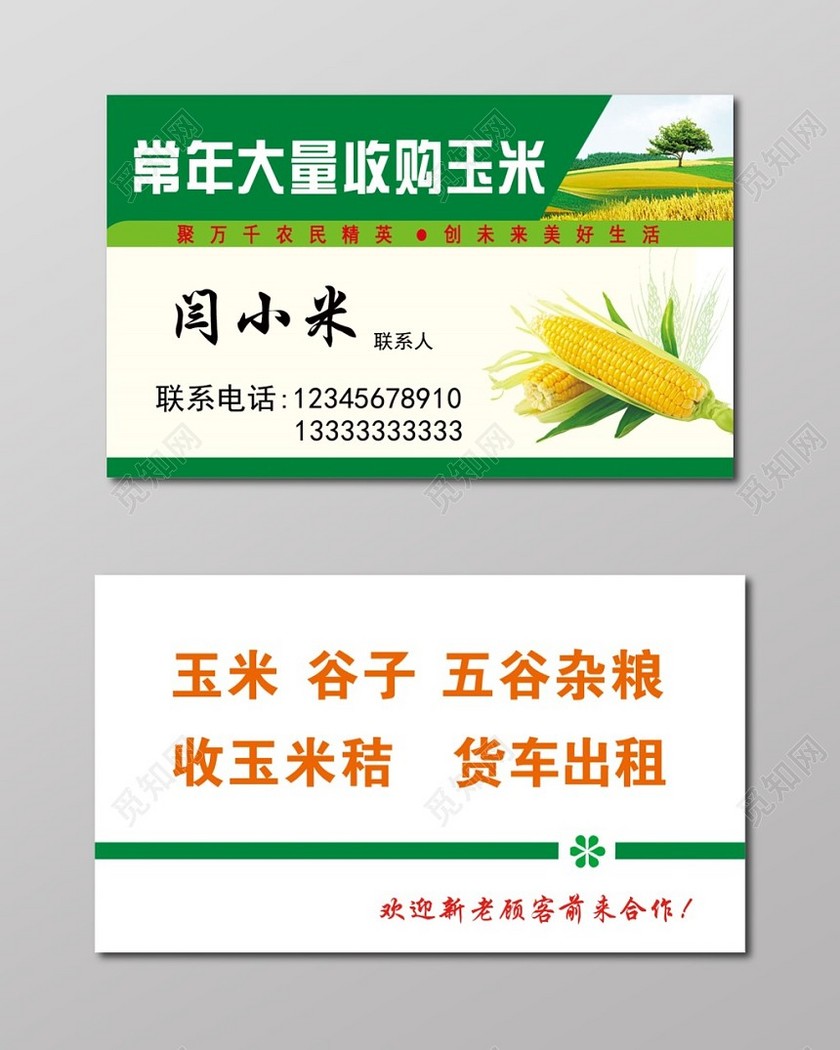 玉米名片白绿色简约名片设计模板