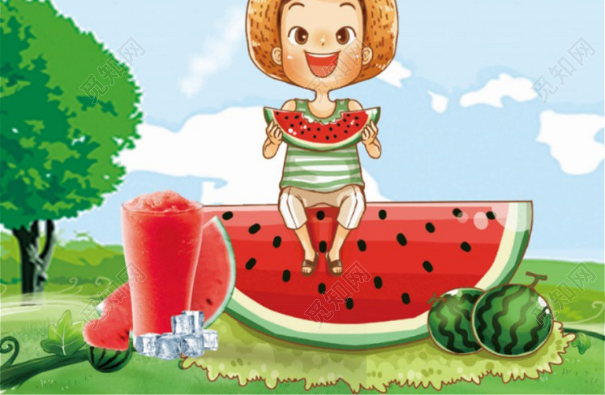觅知网 设计素材 设计模板 生鲜绿色卡通西瓜汁夏日果汁促销海报.