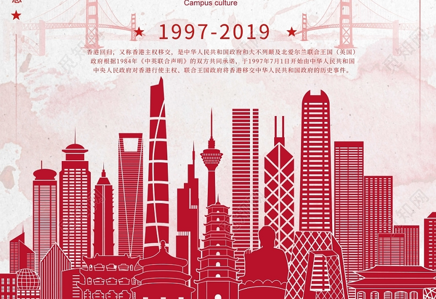 红色中国风香港回归22周年海报