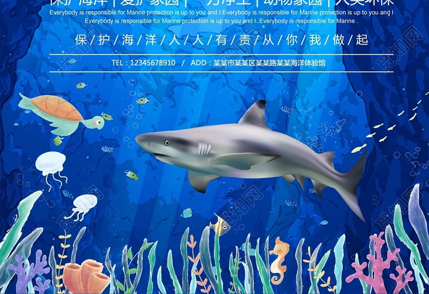 保护海洋保护海报蓝色宣传简约海报