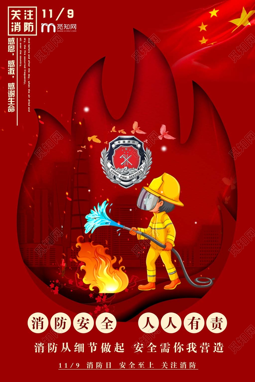 觅知网 设计素材 设计模板 > 红色创意消防安全人人有责公益海报.