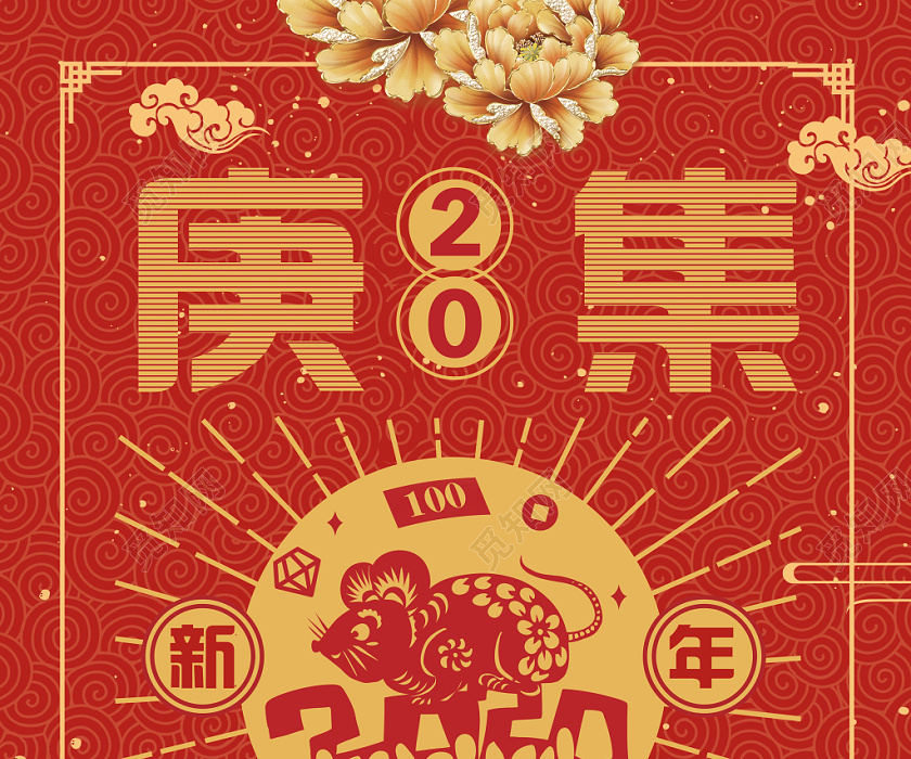 红色背景庚集五福新年福海报