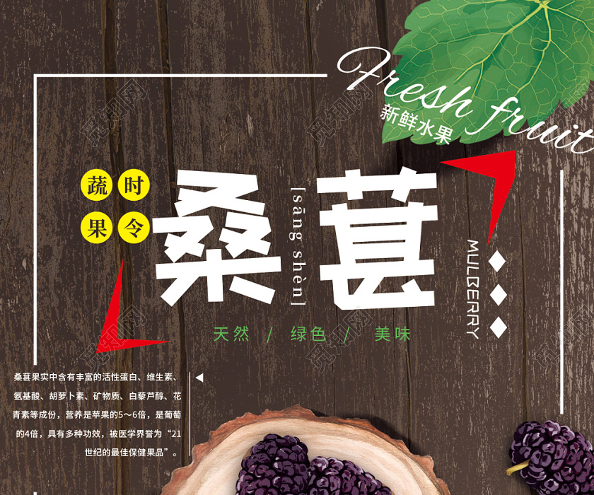 棕色木纹时尚手绘桑葚时令蔬果海报水果桑葚