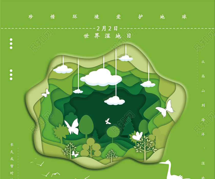 2月2日世界湿地日剪纸竖版海报