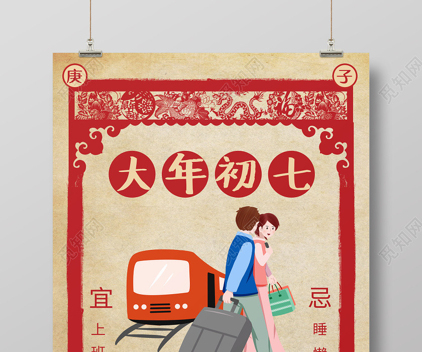 春節習俗復古2020鼠年大年初七回城日傳統節日過新年海報 春節習俗復古2020鼠年大年初七回城日傳統節日過新年海報