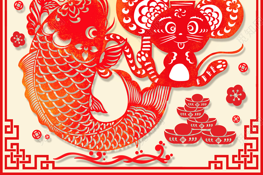红色中国风剪纸2020新年快乐鼠年新年春节海报