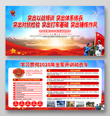 党课党建党政创意大气学习贯彻中央军委2020年全军开训动员令宣传展板