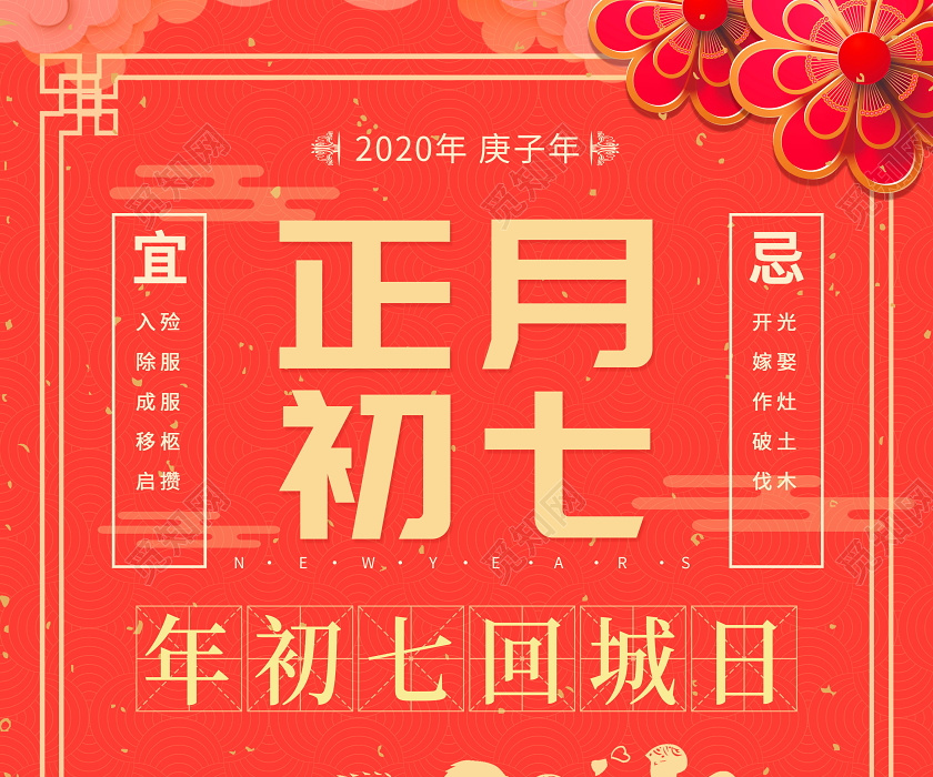 2020鼠年复古红色正月初七回城日海报大年初七回城日