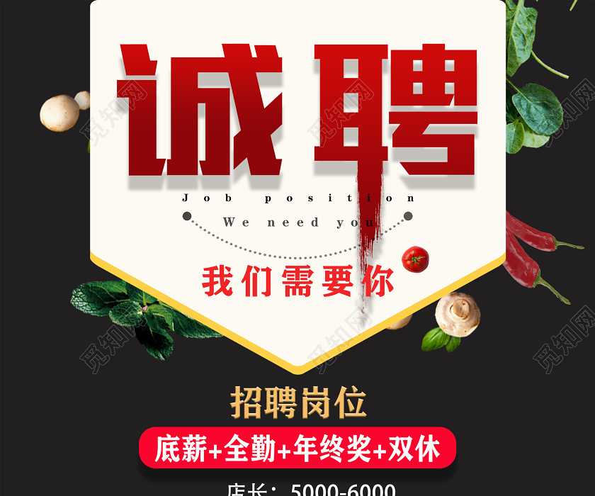 黑色火锅餐厅诚聘岗位招聘岗位招聘服务员海报