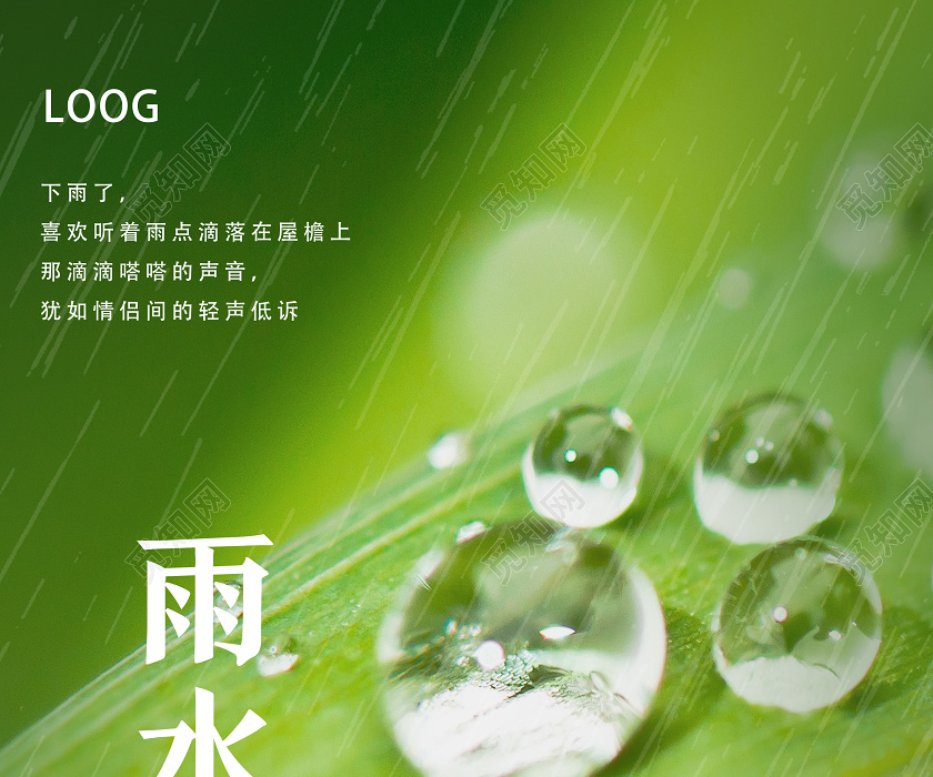 粉色卡绿色唯美雨水二十四节气24节气海报