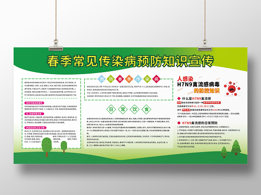 春季传染病绿色创意卡通春季预防流感宣传海报