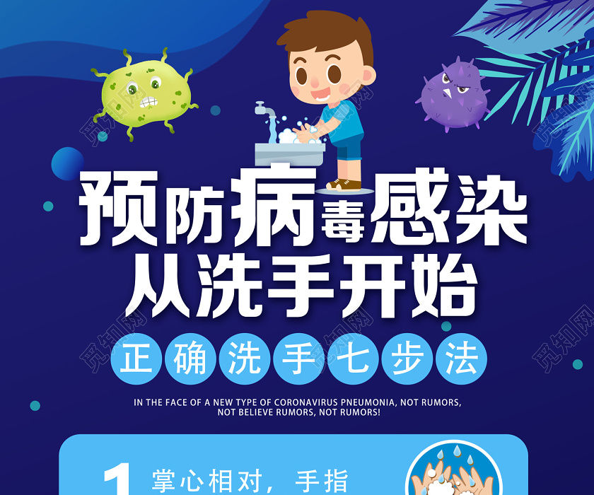 蓝色卡通预防病毒感染从洗手开始洗手展架易拉宝