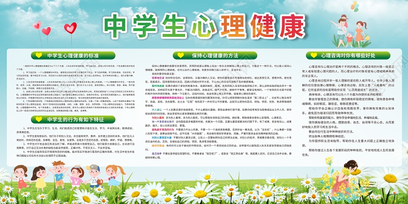 绿色健康卡通中学生心理健康宣传栏展板