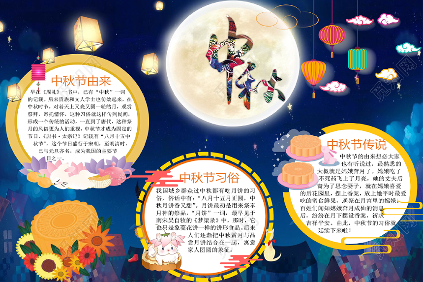 传统文化蓝色夜空唯美中国传统节日中秋节节日宣传手抄报word模板