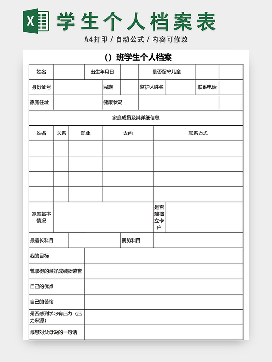 学生个人档案表模板excel表