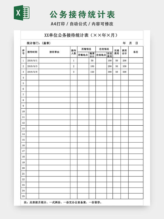 单位公务接待统计表格模板excel表格设计