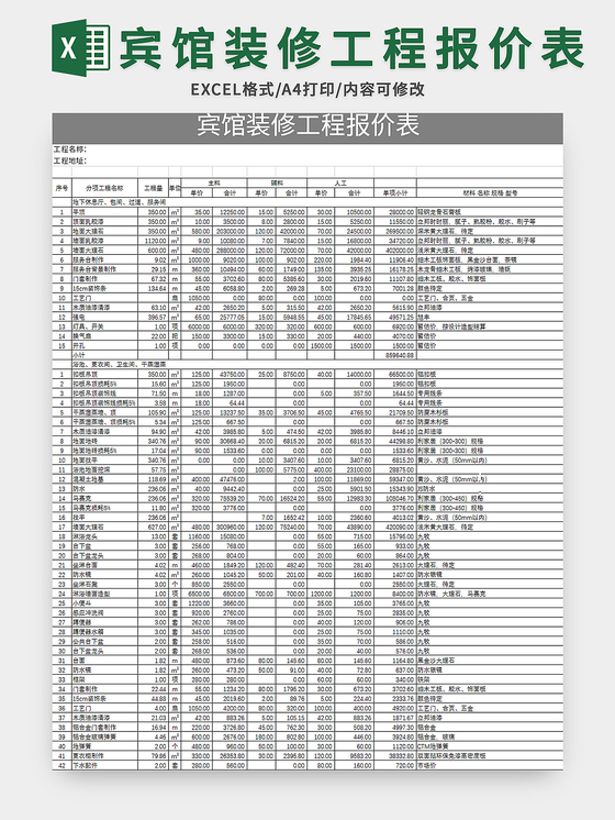 宾馆装修工程报价表excel模板