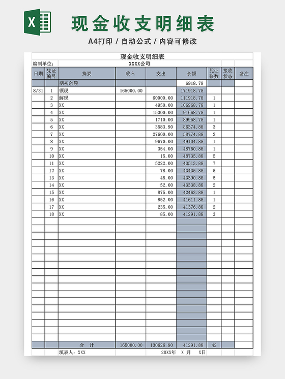 现金收支明细表excel模板