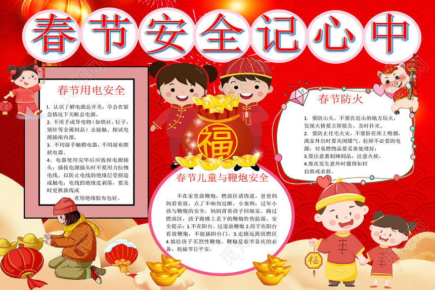 红色喜庆风春节安全记心中小报手抄报