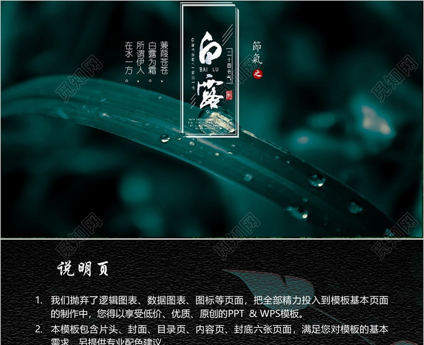 黑色中国传统二十四节气之白露介绍PPT模板 黑色中国传统二十四节气之白露介绍PPT模板