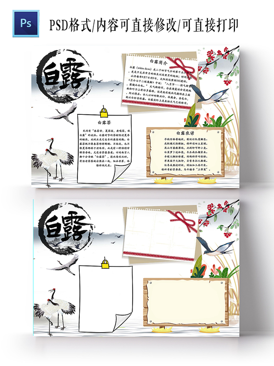 灰白色水墨白鹭国风二十四节气之白露手抄报ps模板