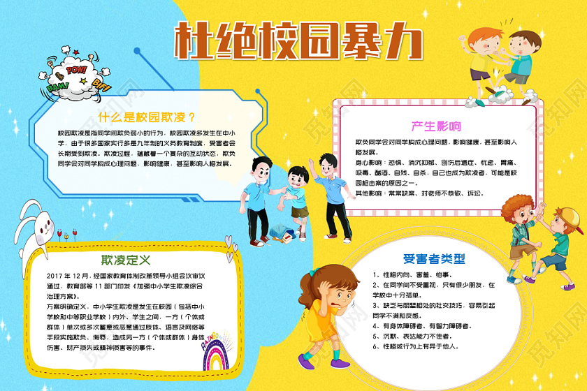 蓝黄拼接卡通杜绝校园暴力小报手抄报word模板
