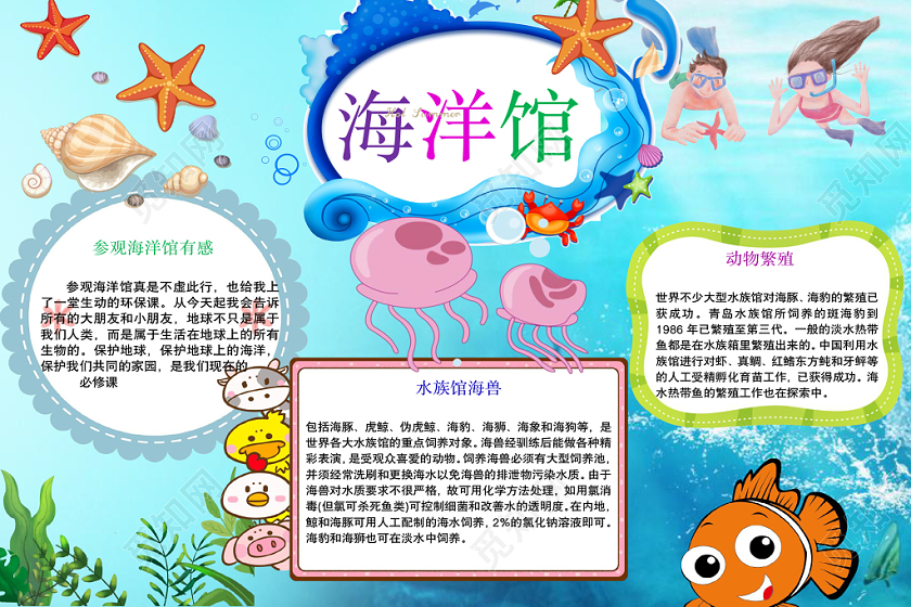 蓝色卡通海洋馆手抄报word模板