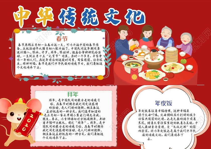卡通红色背景中华传统文化手抄报