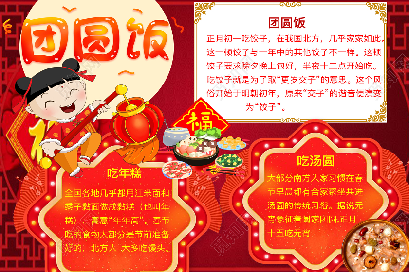 觅知网 手抄报 小学生手抄报 > 简约可爱团圆饭小报word模板鼠年春节