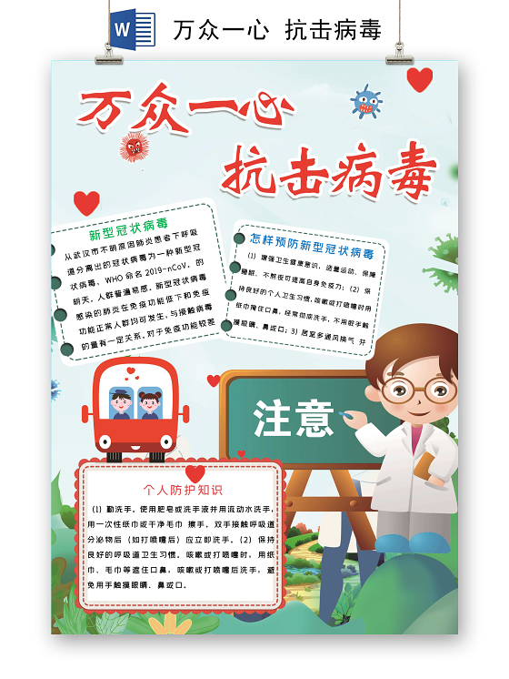 疫情肺炎新型冠状病毒手抄报武汉加油疫情肺炎预防新型冠状病毒小报