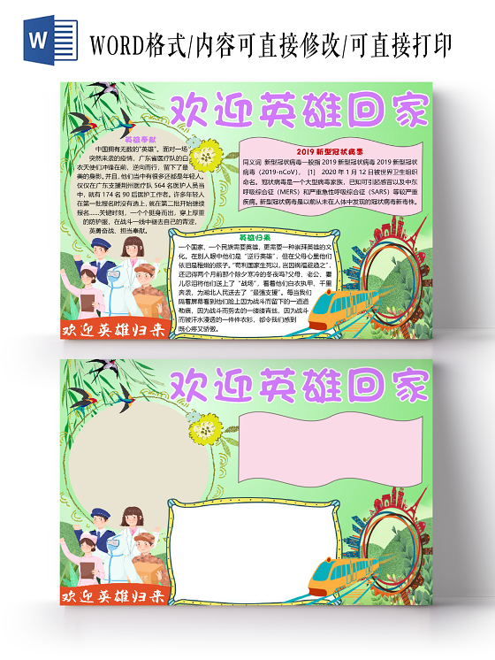 卡通武汉加油疫情肺炎预防新型冠状病毒防护指南小报word模板武汉加油