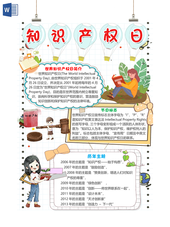 紫色卡通唯美世界知识产权日小报手抄报word模板
