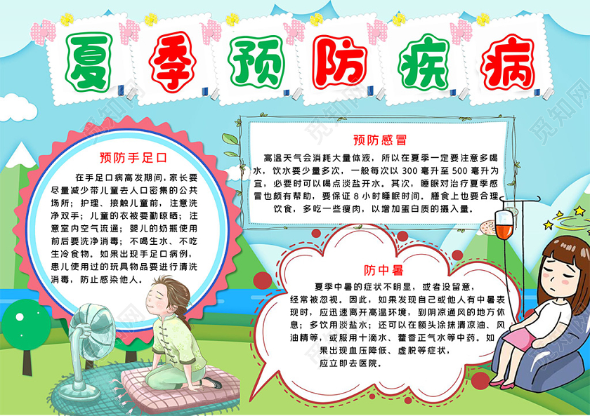卡通夏季预防疾病中暑预防感冒手足口卫生习惯小报手抄报电子模板