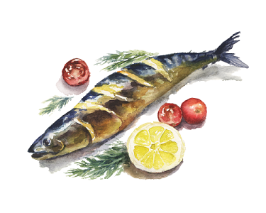 手绘水彩食物烤鱼美食素材