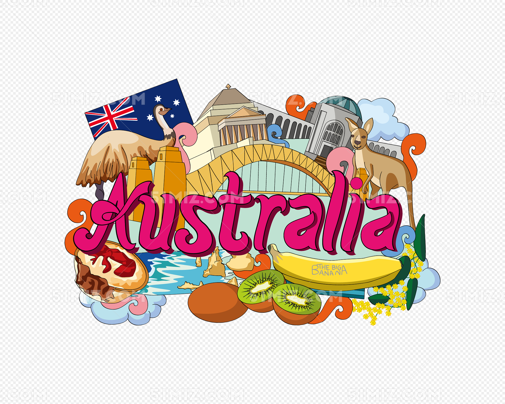 澳大利亚的标志。带有国家名称和国旗的澳大利亚地图。插画图片素材_ID:351254700-Veer图库