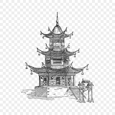 中国雷峰塔高塔长城古城建筑帆船手绘插画