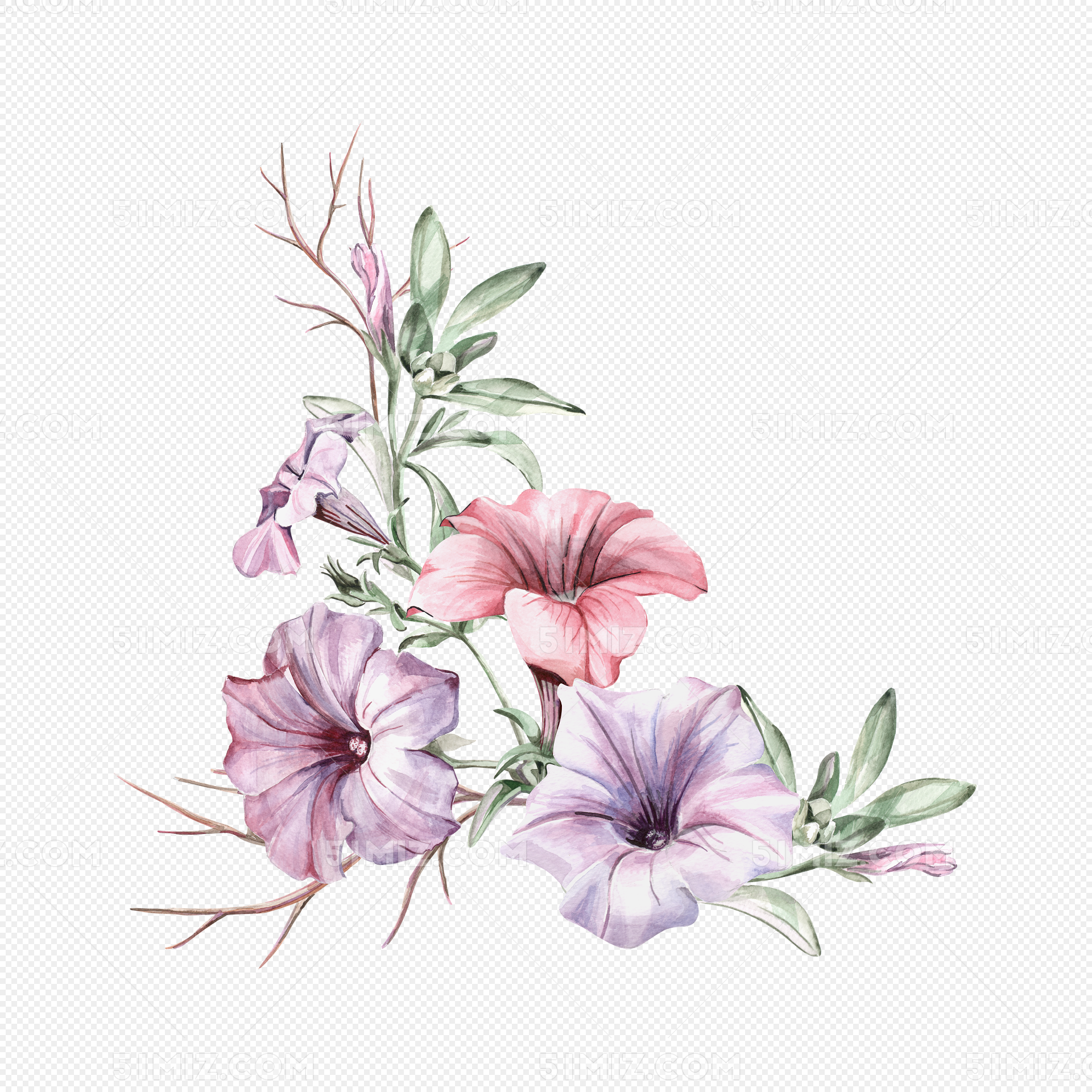 手绘水彩花卉小清新花绿叶图片素材免费下载 - 觅知网