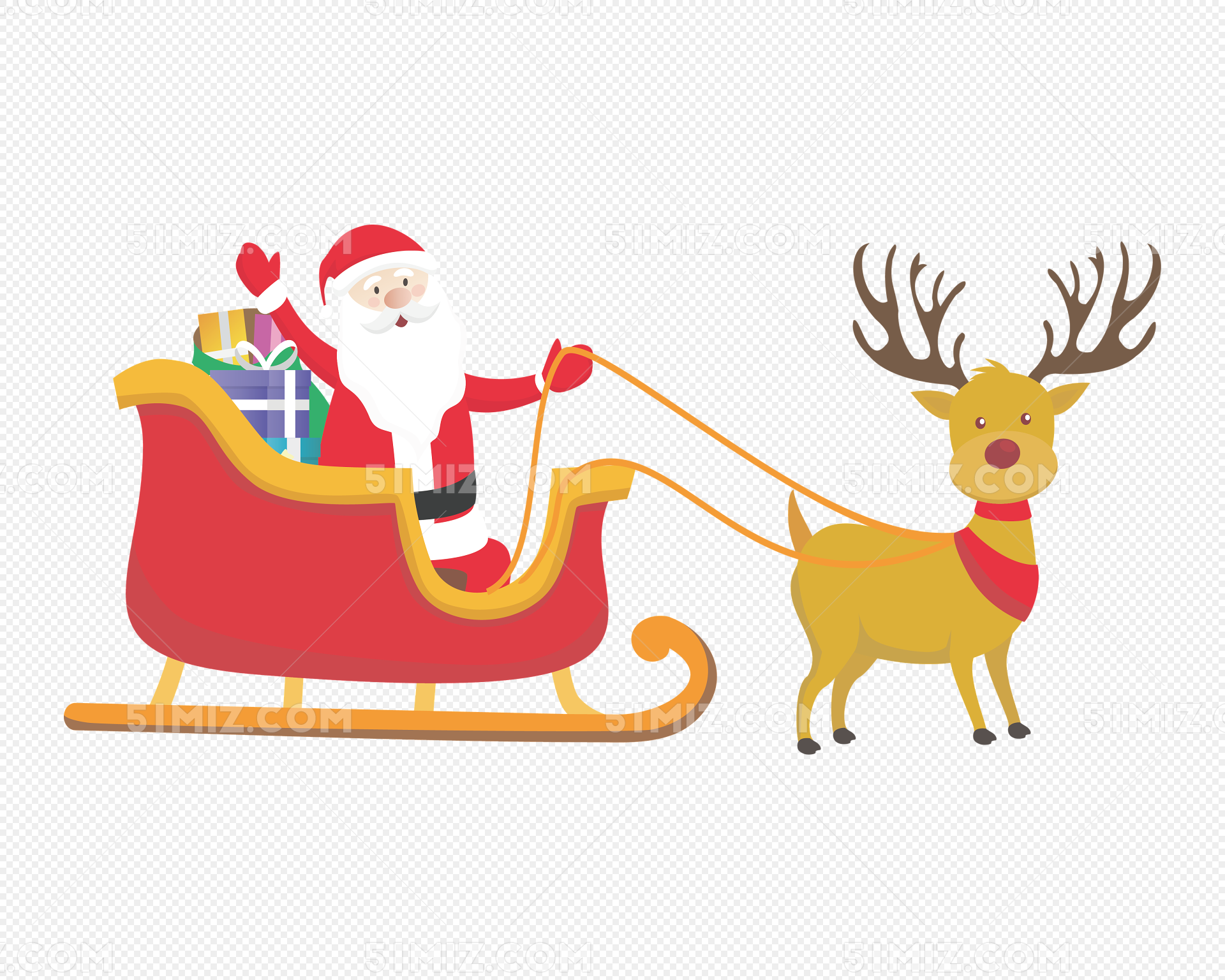 圣诞老人和驯鹿在天上飞驯鹿雪花卡通插画矢量素材