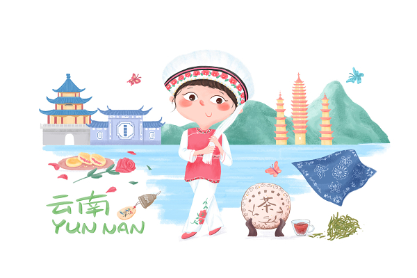 旅游季云南卡通插画手绘元素