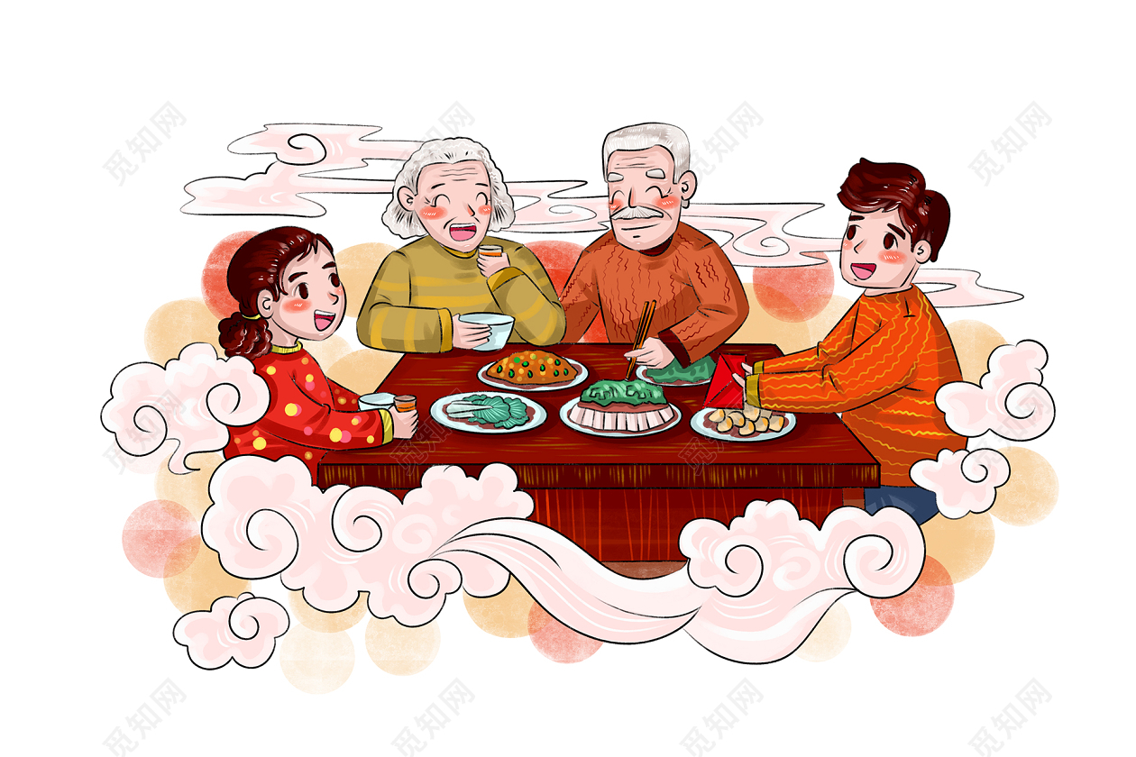 春节快乐家庭团聚吃年夜饭插画图片-千库网