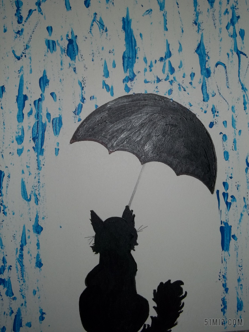 黑白创意绘画打伞猫背影背景图片