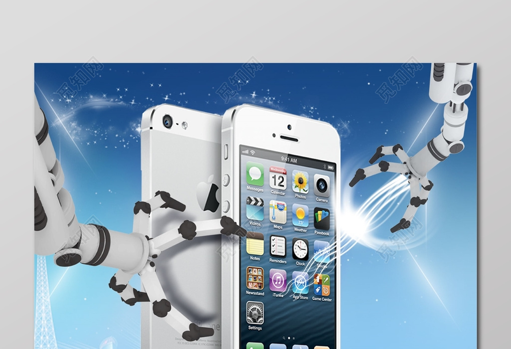 蓝色科幻苹果手机iphone新机机器人上市宣传海报设计图片下载 觅知网