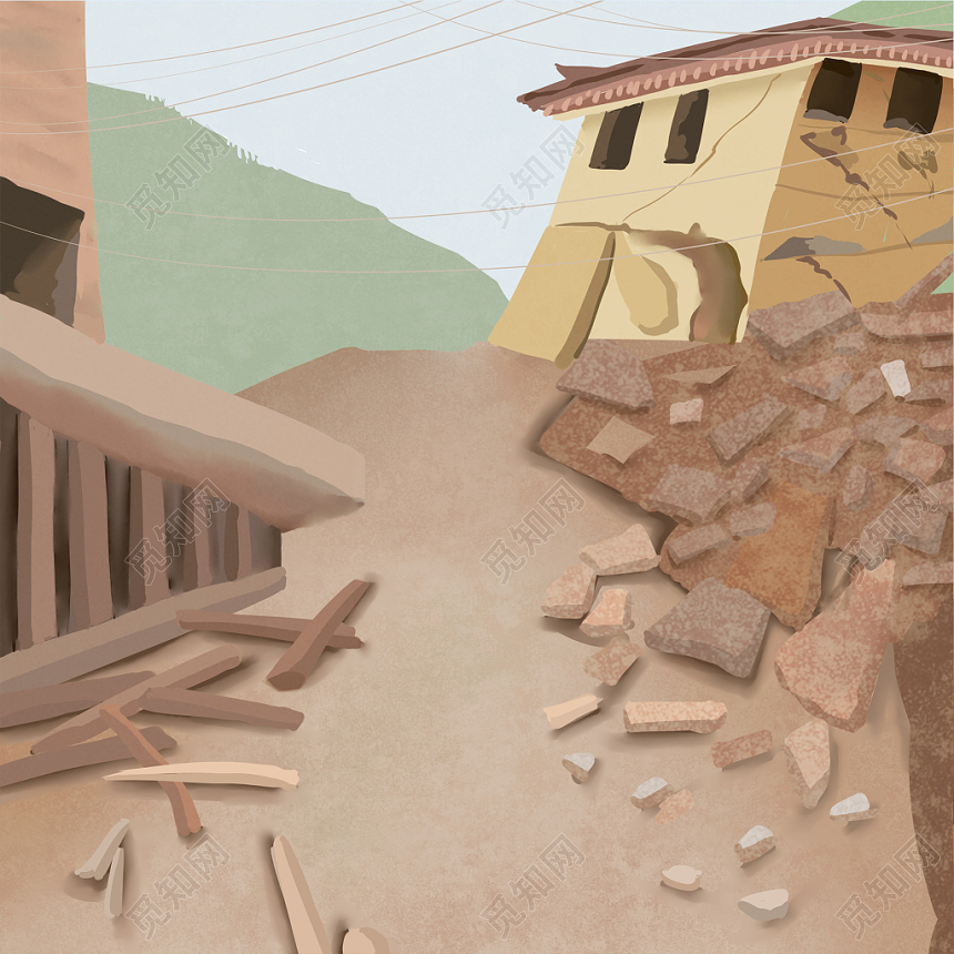 卡通手绘地震房屋倒塌素材免费下载 - 觅知网